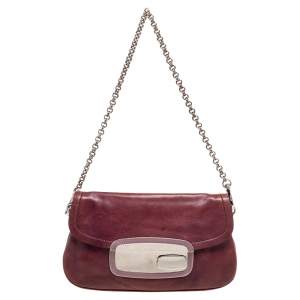 Pre Owned Prada Purple Leather Metal Mirror Flap Chain Baguette Bag