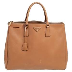 Pre Owned  Prada Caramel Brown Saffiano Lux Leather Executive Double Zip Tote