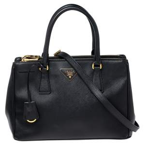 Pre Owned Prada Black Saffiano Lux Leather Small Double Zip Tote