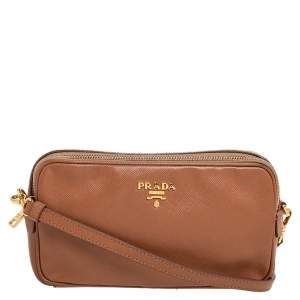 Pre Owned Prada Brown Saffiano Lux Leather Double Zip Camera Crossbody Bag