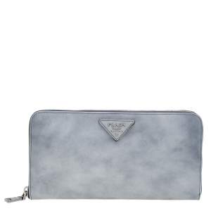 Pre Owned Prada Grey Glossy Leather Zip Around Wallet
