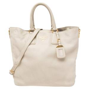 Pre Owned Prada Pearl White Vitello Daino Leather Side Zip Tote