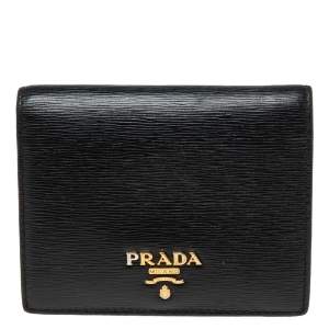 Pre Owned Prada Black Vitello Move Leather Logo Bifold Compact Wallet