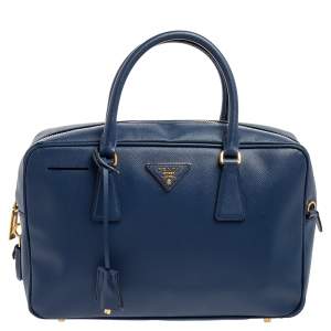 Pre Owned Prada Navy Blue Saffiano Lux Leather Zip Bauletto Bag