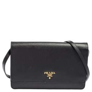 Pre Owned Prada Black Saffiano Lux Leather Flap Clutch Bag