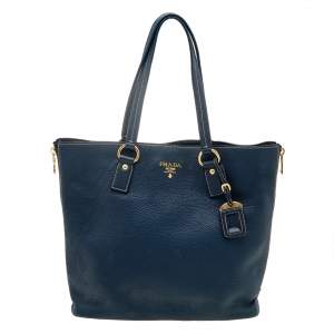 Pre Owned Prada Blue Vitello Daino Leather Side Zip Shopper Tote