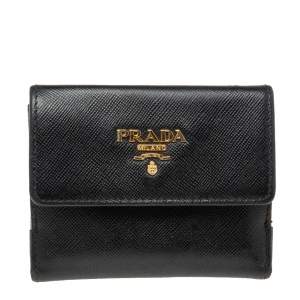 Pre Owned Prada Black Saffiano Metal Leather Flap French Compact Wallet