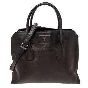 Pre Owned Prada Black Glazed Leather Top Zip Tote