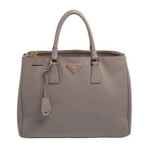 Pre Owned Prada Grey Saffiano Lux Leather Large Double Zip Tote