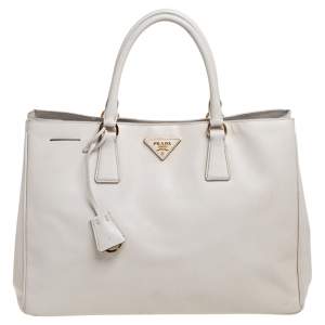Pre Owned Prada Pearl White Saffiano Lux Leather Large Open Galleria Tote