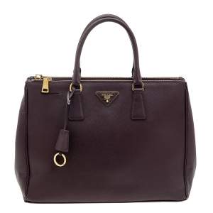 Pre Owned Prada Burgundy Saffiano Lux Leather Large Double Zip Tote