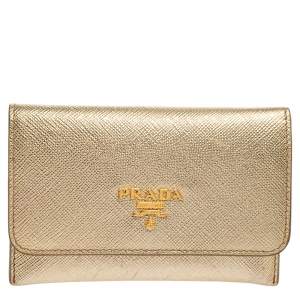 Pre Owned Prada Gold Saffiano Leather Card Case