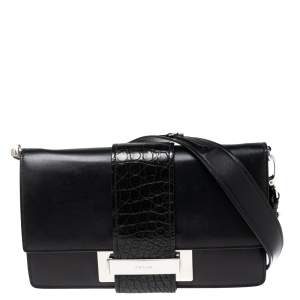 Pre Owned Prada Black Leather and Crocodile Ribbon Flap Shoulder Bag
