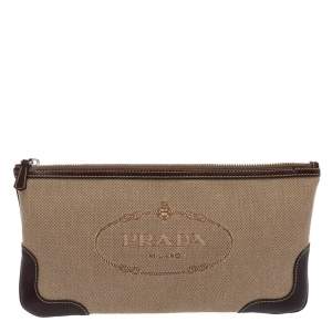 Pre Owned Prada Beige/Brown Jacquard Canvas And Leather Zip Pouch