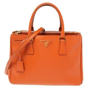 Pre Owned Prada Orange Saffiano Lux Leather Medium Double Zip Tote