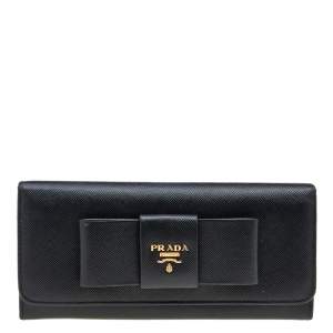 Pre Owned Prada Black Saffiano Fiocco Leather Bow Continental Wallet