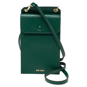 Pre Owned Prada Green Saffiano Lux Leather Phone Holder Crossbody Bag