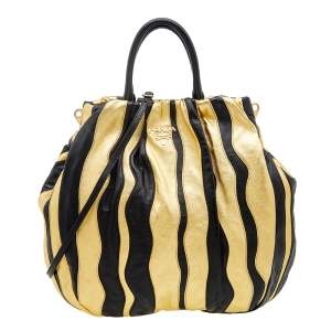Pre Owned Prada Black/Metallic Gold Leather Stripe Tote