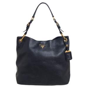 Pre Owned Prada Black Vitello Daino Leather Logo Shoulder Bag