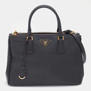 Pre Owned Prada Black Saffiano Lux Leather Medium Galleria Double Zip Tote