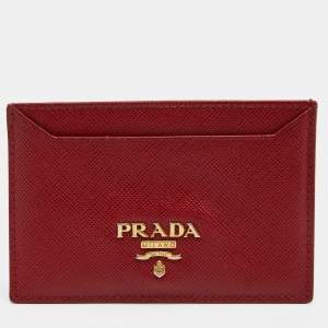 Pre Owned Prada Red Saffiano Lux Leather Logo Card Holder