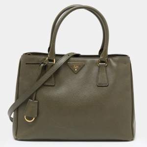 Pre Owned Prada Olive Green Saffiano Leather Medium Double Zip Galleria Tote
