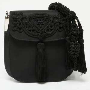 Pre Owned Prada Black Nylon and Leather Margit Tassel Flap Shoulder bag