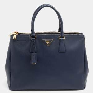 Pre Owned Prada Navy Blue Saffiano Leather Large Double Zip Tote