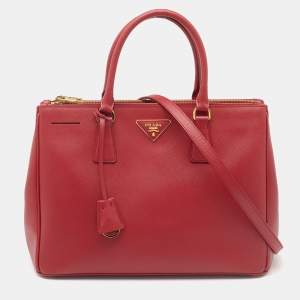 Pre Owned Prada Red Saffiano Lux Leather Medium Double Zip Tote