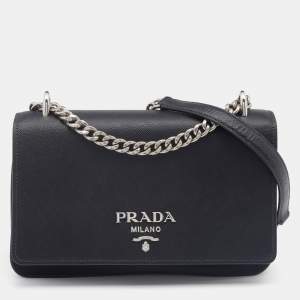 Pre Owned Prada Black Saffiano Leather And Nylon Flap Shoulder Bag