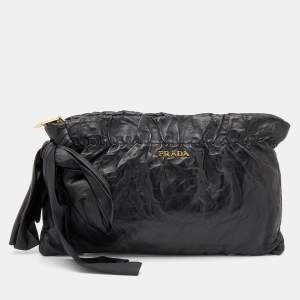 Pre Owned Prada Black Leather Antique Large Bow Zip Clutch