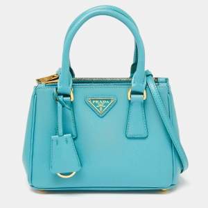 Pre Owned Prada Turquoise Saffiano Lux Leather Nano Double Zip Tote