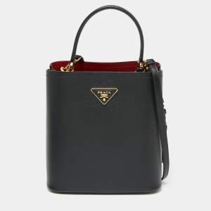 Pre Owned Prada Black Saffiano Lux Leather Medium Panier Top Handle Bag