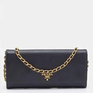 Pre Owned Prada Black Saffiano Lux Leather Wallet on Chain