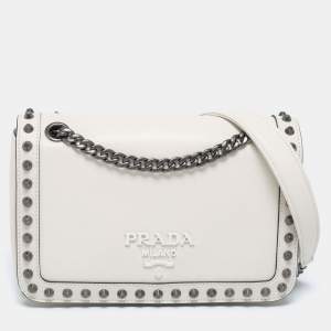 Pre Owned Prada Off White Leather Studded Flap Shoulder Bag