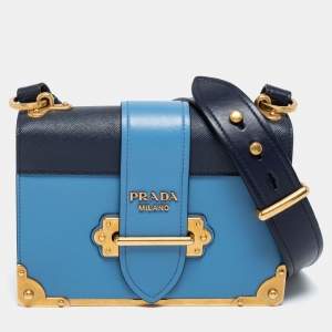 Pre Owned Prada Two Tone Blue Saffiano Leather Cahier Shoulder Bag