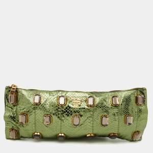 Pre Owned Prada Metallic Green Python Jewel Embellished Clutch