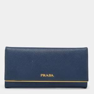 Pre Owned Prada Blue Saffiano Metal Frame Leather Flap Continental Wallet 
