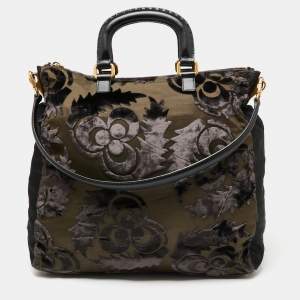 Pre Owned Prada Black/Olive Green Nylon and Velvet Velluto Jacquard Tote