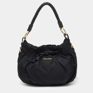 Pre Owned Prada Black Nylon and Leather Small Bow Hobo