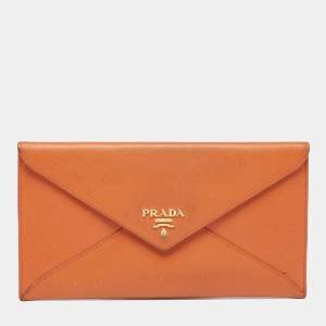 Pre Owned Prada Orange Saffiano Leather Envelope Wallet