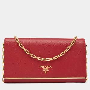 Pre Owned Prada Red Saffiano Metal Leather Flap Wallet on Chain