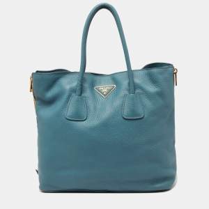 Prada Blue Vitello Daino Leather Side Zip Shopper Tote