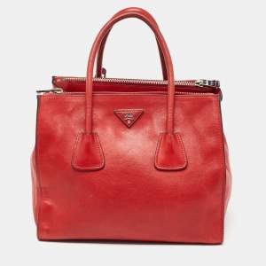 Pre Owned Prada Red Leather Glace Calf Double Zip Tote