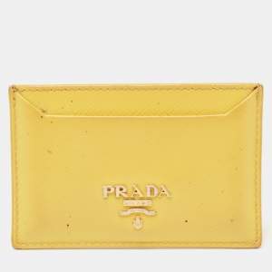 Pre Owned Prada Yellow Saffiano Patent Leather Card Holder
