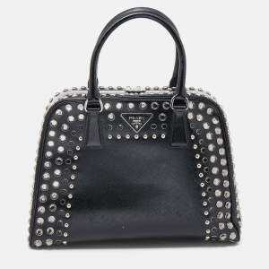 Pre Owned Prada Black Saffiano Lux Leather Studded Pyramid Frame Satchel