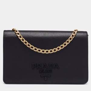 Pre Owned Prada Black Saffiano Lux Leather Flap Crossbody Bag