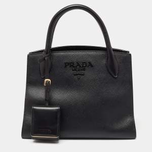 Pre Owned Prada Black Saffiano Cuir Leather Small Monochrome Tote