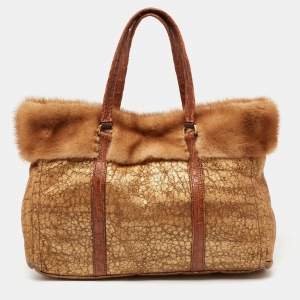 Pre Owned Prada Gold Textured Leather and Mink Fur Trim Tote