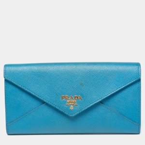 Pre Owned Prada Blue Saffiano Metal Leather Envelope Flap Continental Wallet